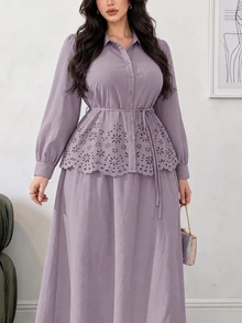 Solavon Plus Size Women's Hollow Embroidery Single-Breasted Shirt And Skirt Elegant Two Pieces Set - Purple - View 4