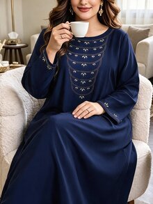 Al Najma Plus Size Women's Rhinestone Design Round Neck Long Sleeve Elegant Arabian Dress - Navy Blue - View 6