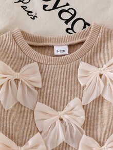 SHEIN 2Pcs Baby Girls Top And Flare Pants Sweet Khaki 3D Bows Ruffle Hem Ribbed Knit Long Sleeve Round Neck Regular Party Spring Princess Ballet New Born - Apricot - View 6