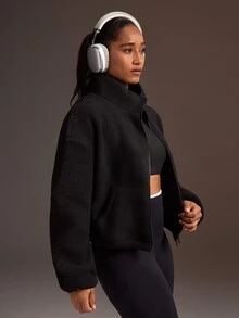 Powerista Women's Loose Fleece Black Autumn/Winter Sports Jacket - Black - View 1