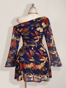 SHEIN ICON 大尺碼 Y2K 楓葉印花網紗長袖洋裝，復古休閒修身連身裙，適合春秋穿著 - 藏蓝色 - 查看 2