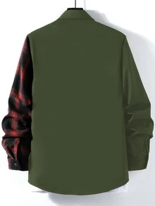 Manfinity Homme 男士 1件 格紋拼接口袋補丁鈕扣襯衫，秋季長袖上衣 - 軍綠色 - 查看 2