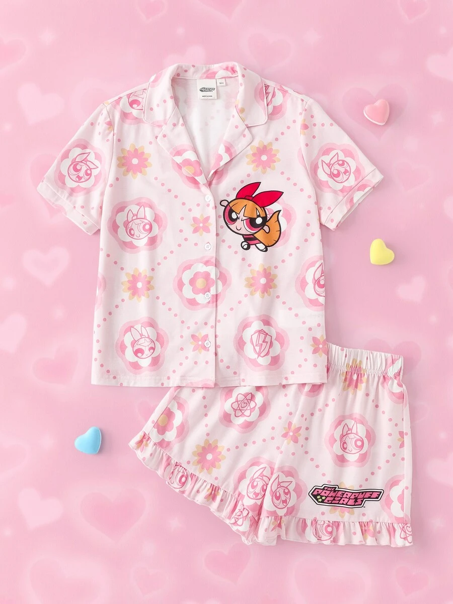 THE POWERPUFF GIRLS X SHEIN 青少年女孩卡通印花短袖上衣與短褲居家服套裝 - 粉色 - 查看 1