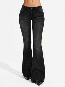Jeanoix Plus Size Women's Casual Daily Flare Jeans With Pockets And Buttons - Black - View 4