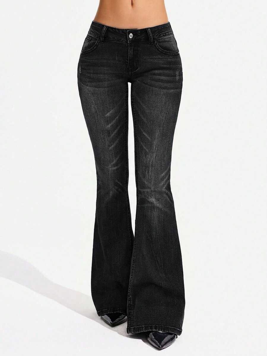 Jeanoix Plus Size Women's Casual Daily Flare Jeans With Pockets And Buttons - Black - View 1