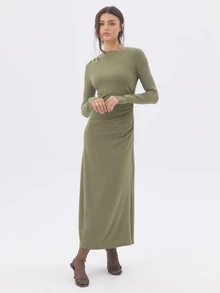 KÆRIA Hus Ruched Column Maxi Dress - Sculpted Textured Jersey - Dusted Olive - Going Out, Bodycon, Minimalist - Olive Green - View 7