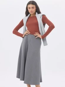 KÆRIA Hus Rok Midi A-Line Berpanel - Potongan Rapi - Warna Abu-abu Cross Dye - Pakaian Kerja, Rok Lebar, Gaya Preppy - Grey - View 1