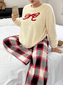 ZzzCrew Plus Size Women's Printed Plaid Embroidered Bow Pajama Set - Apricot - View 6