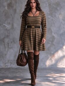Ceyna 咖啡棕大尺碼長袖洋裝，簡約優雅領口，高腰修身搭配活潑 A 字裙襬，針織面料，親膚舒適，休閒風格，適合旅行、日常穿著、聚會，復古風 - 咖啡棕 - 查看 4
