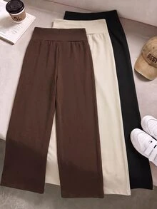 SHEIN 青少年女孩休閒百搭日常上學寬腰直筒運動長褲 3件組，秋冬款 - 彩色 - 查看 2
