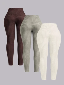 INAWLY 3 Pieces Set: Plus Size Solid Color Ribbed Fleece Leggings Fall Winter - Multicolor - View 2