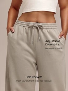 GLOWMODE Plus Size 26" Everyday Fleece Easy Lounge Wide-Leg Joggers With Adjustable Drawstring Waist & Hem Side Pockets Daily Casual Fall Winter Wear - Khaki - View 5