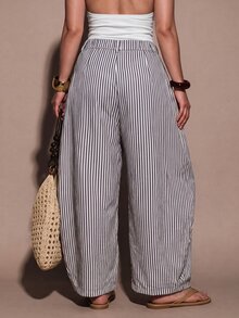 SHEIN BAE CURVE 大尺碼女款休閒波西米亞風度假黑白格紋紋理條紋寬鬆拼接長褲，適合外出、日常、萬聖節 - 藏蓝色 - 查看 4