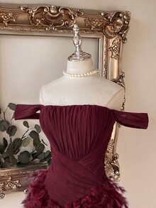 Lovelzi Burgundy Sequin Embroidered Mesh Patchwork Feather Decor Wide Shoulder Strap Spaghetti Ruched Bodycon Short Dress New Year Christmas Party Fall - Burgundy - View 6