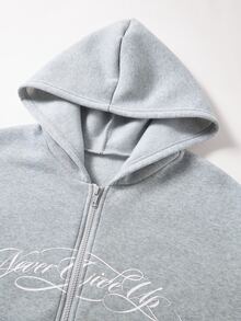 SHEIN 青少年女孩字母印花拉鍊連帽外套與運動長褲休閒套裝 - 灰色 - 查看 4
