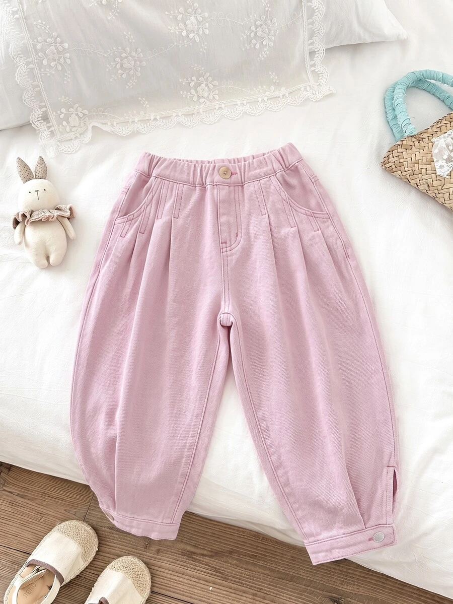 SHEIN Young Girl' Loose Fit Dark Blue Denim Pants - Pink - View 1