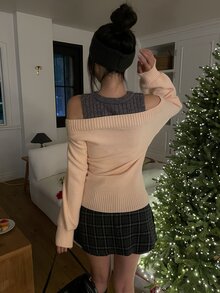 DAZY Women's Elegant Faux Two-Piece Korean Style Long Sleeve Autumn/Winter Sweater - Apricot - View 2