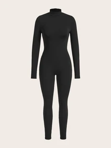 SHEIN EZwear 女款休閒長袖修身連身褲，女款秋冬服飾 - 黑色 - 查看 1