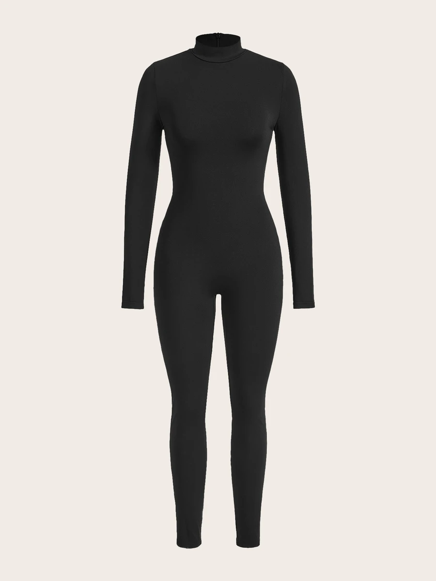 SHEIN EZwear 女款休閒長袖修身連身褲,女款秋冬服飾 - 黑色 - 查看 1