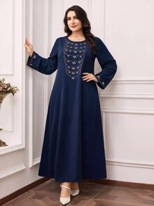 Al Najma Plus Size Women's Rhinestone Design Round Neck Long Sleeve Elegant Arabian Dress - Navy Blue - View 8