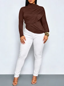 SOLERSUN Plus Size Women's Asymmetric Pleated Long Sleeve T-Shirt, Dropped Shoulder Slim Fit Top, Elegant Unique Basic T-Shirt Fall - Coffee Brown - View 7