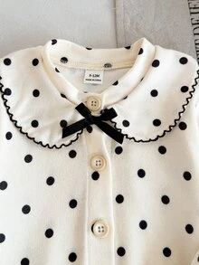 SHEIN 女嬰春秋波浪彼得潘領蝴蝶結裝飾黑色波點開襟長袖套裝，適合戶外與室內穿著 - 彩色 - 查看 5
