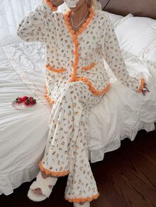 CottageSlumber Women's Autumn/Winter Flannel Ditsy Floral Long Sleeve & Long Pants Pajama Set, Home Wear - Yellow - View 1
