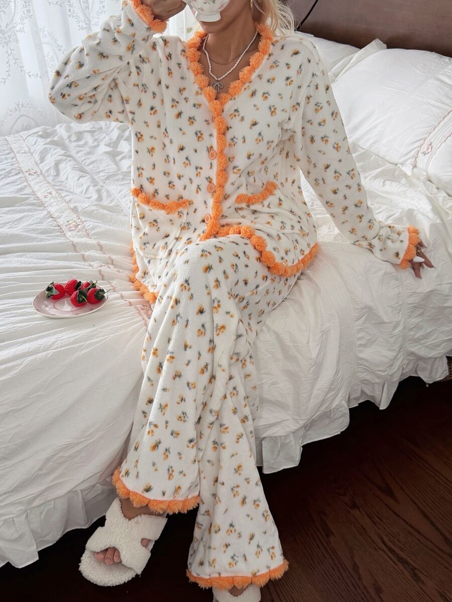 CottageSlumber Women's Autumn/Winter Flannel Ditsy Floral Long Sleeve & Long Pants Pajama Set, Home Wear - Yellow - View 1