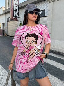 Betty Boop x SHEIN Plus Size Women's Letter & Cartoon Print Casual Daily Short Sleeve T-Shirt - White - View 6