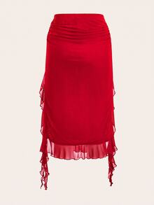 SHEIN ICON 女款百褶拼接層次不對稱下擺中長低腰裙 - 紅色 - 查看 2