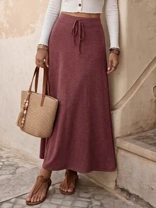 EMERY ROSE Women Solid Color Tie-Waist Long Casual Skirt - Redwood - View 1