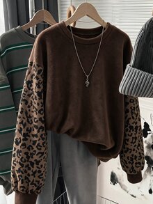 SHEIN LUNE 休閒街頭風女款秋冬拼接豹紋長袖衛衣 日常穿搭 黑白豹紋 西式校園風 - 棕色 - 查看 1