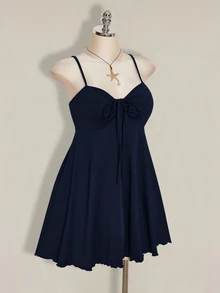 SHEIN ICON 女款大尺碼春夏復古可愛商務休閒性感簡約日常度假通勤時尚Y2K前胸抓褶抹胸黑色洋裝 - 藏蓝色 - 查看 7