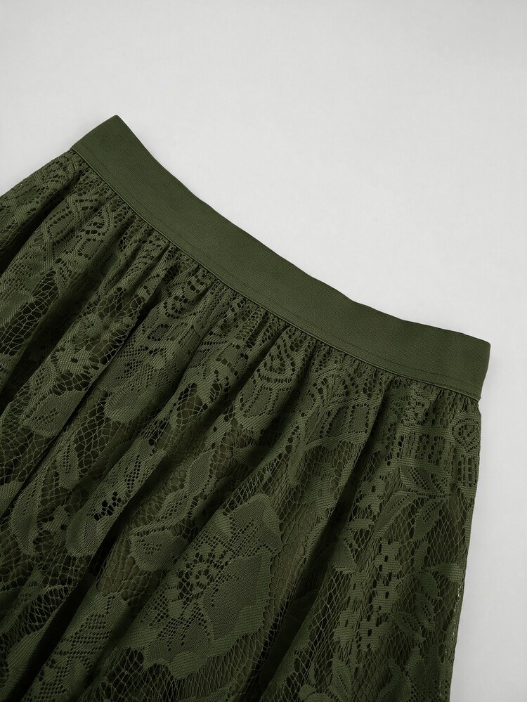 Modelyn Women's Spring/Summer Green Woven Lace A-Line Elegant Romantic Skirt - Army Green - View 5