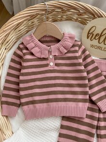 SHEIN Baby Girl Casual Comfortable Daily Versatile Cute Knitted Striped Autumn Top And Pants 2-Piece Set - Pink - View 4