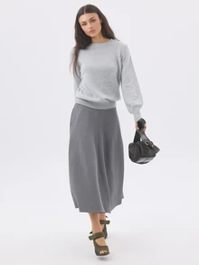 KÆRIA Hus Rok Midi A-Line Berpanel - Potongan Rapi - Warna Abu-abu Cross Dye - Pakaian Kerja, Rok Lebar, Gaya Preppy - Grey - View 6