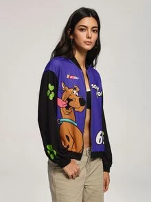 SCOOBY-DOO X SHEIN بلوزة رياضية نسائية بطبعة كرتونية وسحاب وأكمام طويلة - الأسود - مشاهدة 3