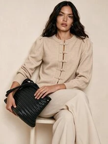 Linhara CURVE Plus Size Comfortable Frog Button Long Sleeve Knit Cardigan, Autumn/Winter - Apricot - View 4