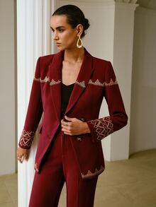 ZEYLAH Women's Elegant Embroidered Long Sleeve Blazer With Notch Lapel - Burgundy - View 6