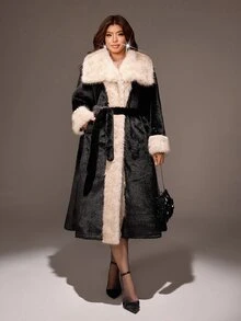 Viva Relle Plus Size Women's Casual Versatile Winter Faux Fur Coat - Black - View 6