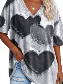 SHEIN LUNE Plus Size Women's Minimalist Heart Pattern Print V-Neck Top, Casual Daily T-Shirt - Multicolor - View 3