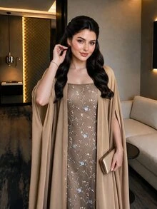 Auveirra Plus Size 3D Embroidered Elegant Dress With Cardigan 2 Pieces Set - Brown - View 3