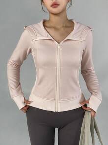 DAZY Spring/Autumn Korean Style Pink Hooded Slim Fit Cut-Out Waist V-Neck Fitness Running Casual Street Sweet Women's Sports Jacket - Pink - View 5