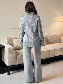 Feyla Women's Solid Color Hollow Out Front Tie Knit Cardigan And Knit Pants Casual Set - Grey - View 2