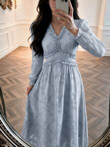 Modelyn Women Dusty Blue V Neck Ruffle Long Sleeve Midi Dress, Elegant Flowy A Line Fall Dress, Modest Wedding Guest Evening Party Dress For Autumn - Blue - View 9