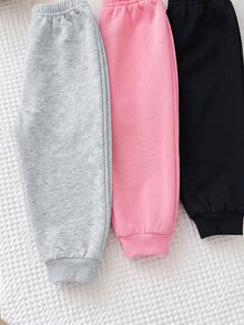 SHEIN 女嬰直筒錐腳加厚抓絨內裡運動長褲 3 件套，冬季百搭 - 彩色 - 查看 3