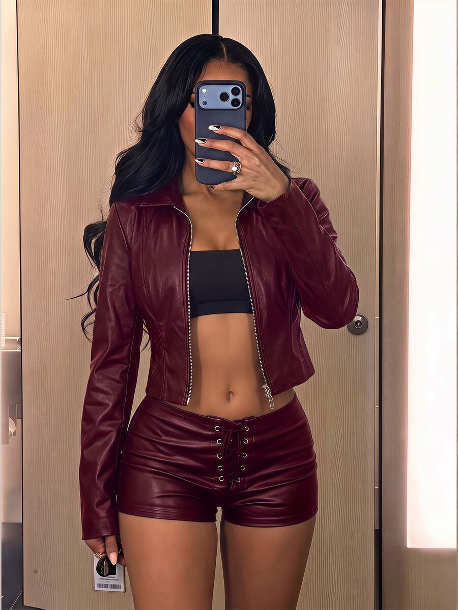 SHEIN SXY Streetwear Sexy Cropped Leather Jacket With Two-Way Zipper ...