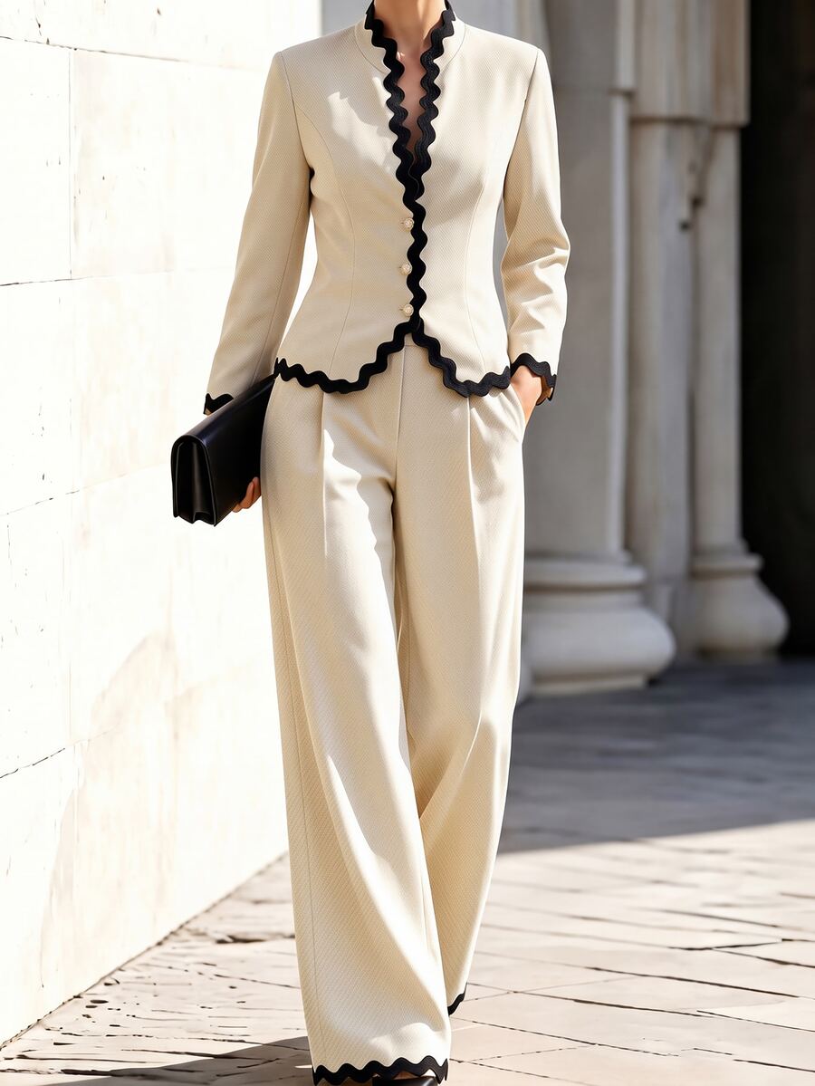 SHEIN Women's Colorblock Long Sleeve Jacket And Pants Casual Elegant Daily Set Office Business - Apricot - View 1