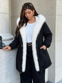Easura Plus Size Autumn/Winter Long Sleeve Hooded Patchwork Faux Fur Padded Coat - Black - View 7