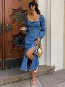 Serisse Women's Front Tie Long Sleeve Side Slit Hem Casual Denim Dress - Blue - View 7